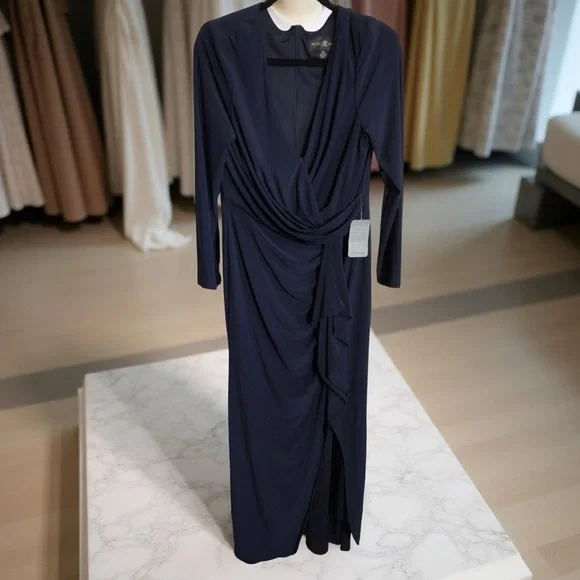 New Betsy & Adam Navy  "Elle" Long Sleeve Side Ruffled Slit Gown Size 14 - Picture 13 of 15